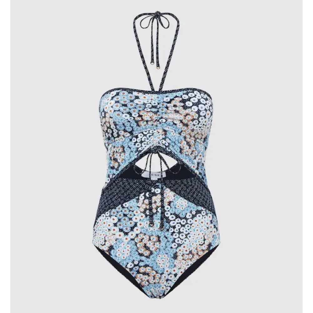 Reiss Megan printed cut out swimsuit baiting suit navy floral one piece size 10